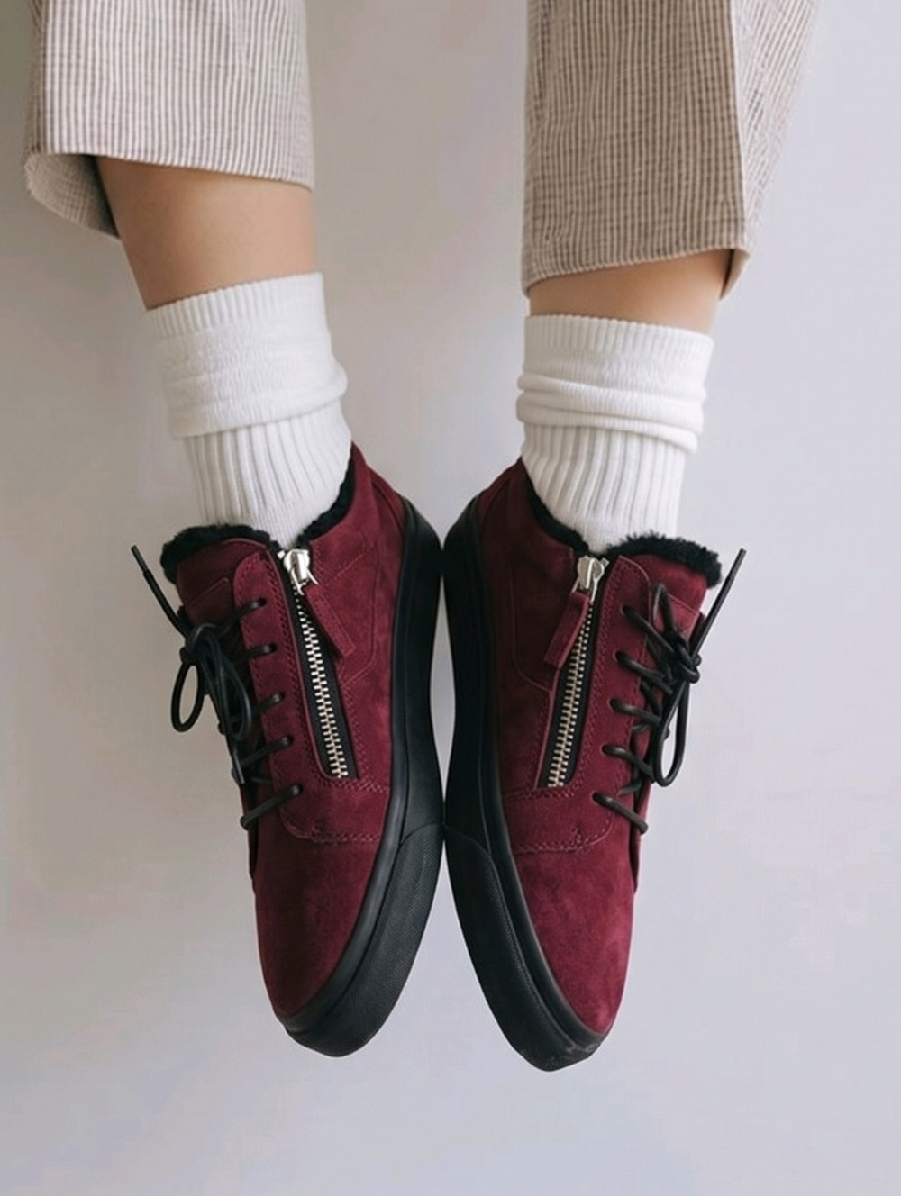 Giuseppe Zanotti London Burgundy Suede Shearling Lined Flat Sneakers EU41 US10.5